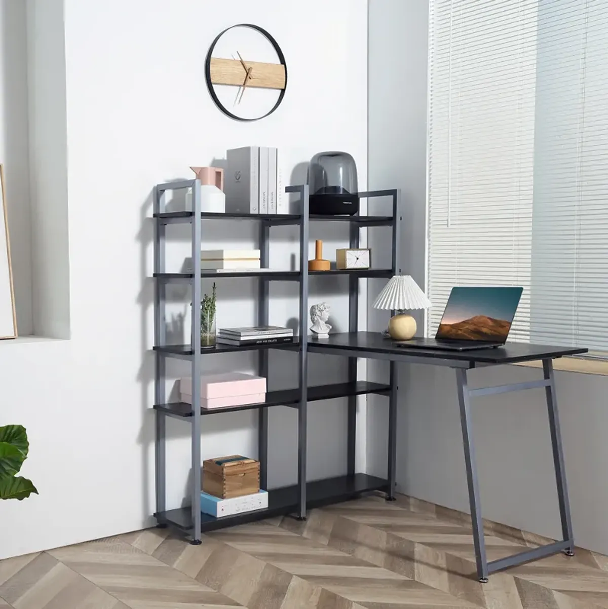 Wooden Modern 49" Corner Writing Table with 5 Storage Shelves