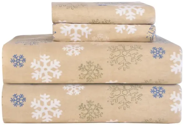 Pointehaven Heavy Weight 100% Cotton Snowflakes Brown Printed 170 GSM Flannel 4 pc Sheet Set, Full