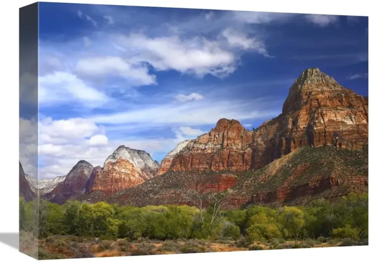 The Watchman, outcropping near south entrance of Zion National Park, cottonwoods in foreground, Utah-Canvas Art-16x12