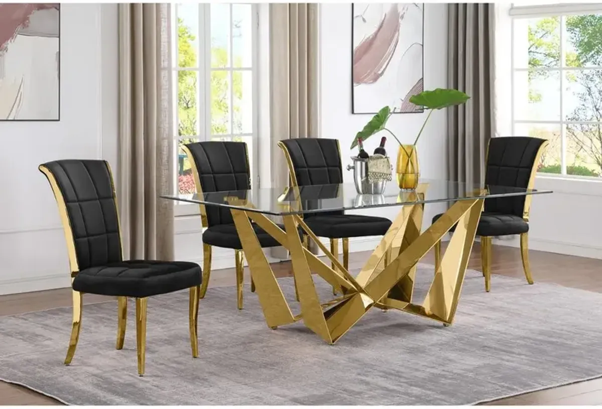 5pc Small(78") glass dining set with gold base and 6 Black side chairs