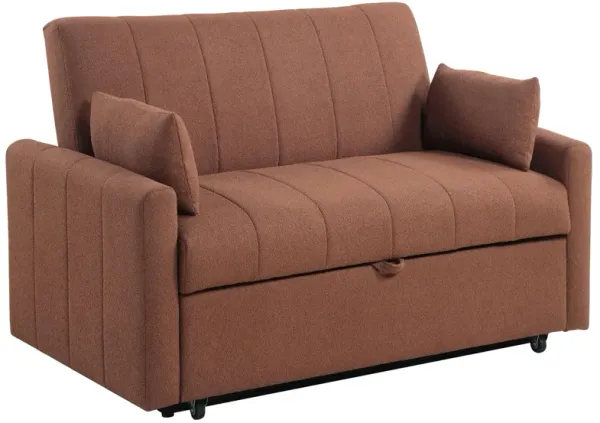 Porta Sleeper Sofa Full Bed, Copper Brown Boucle, Pillows, 60 Inch - Benzara