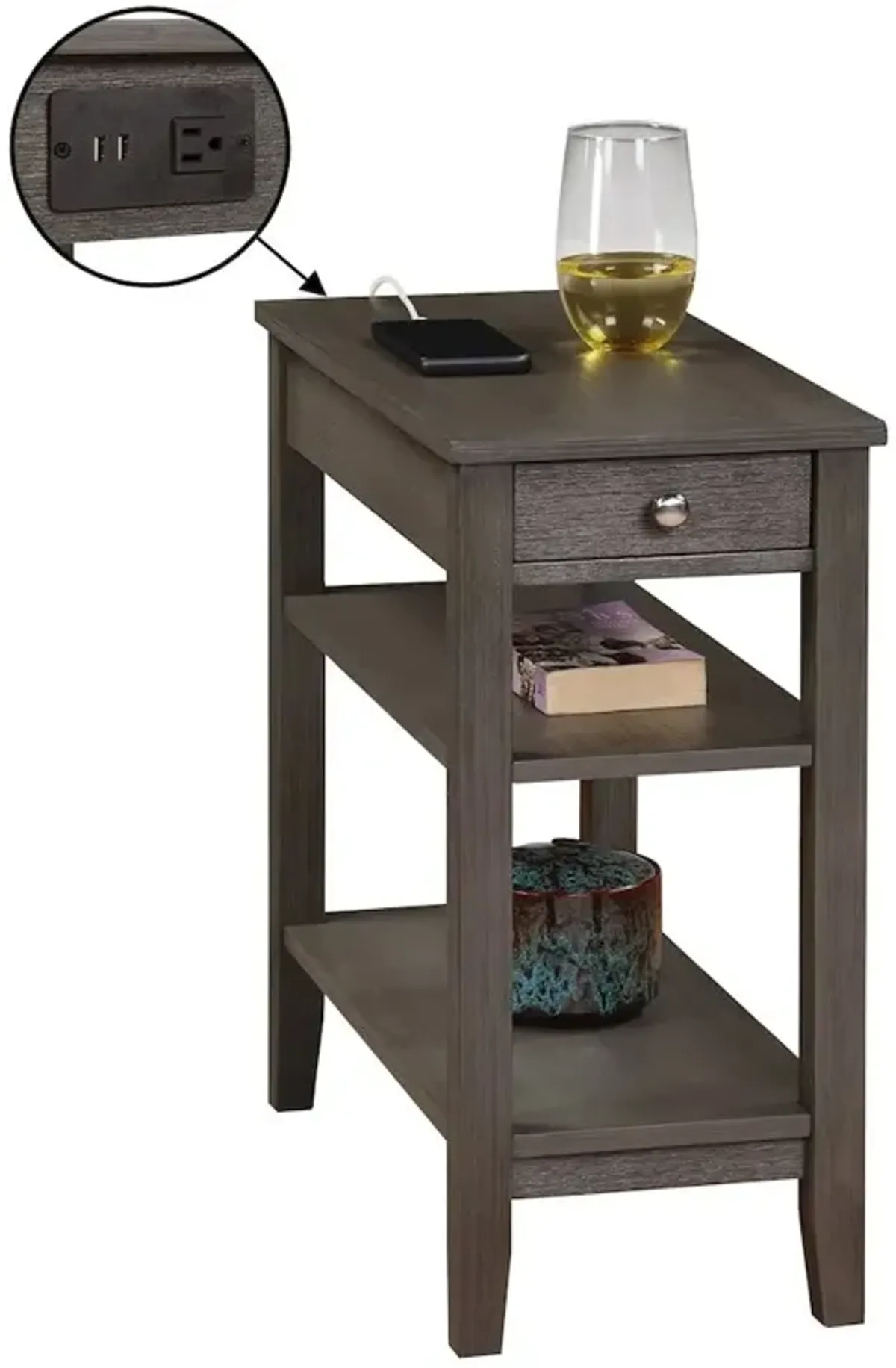 Convenience Concepts American Heritage 1 Drawer Chairside End Table with Charging Station and Shelves