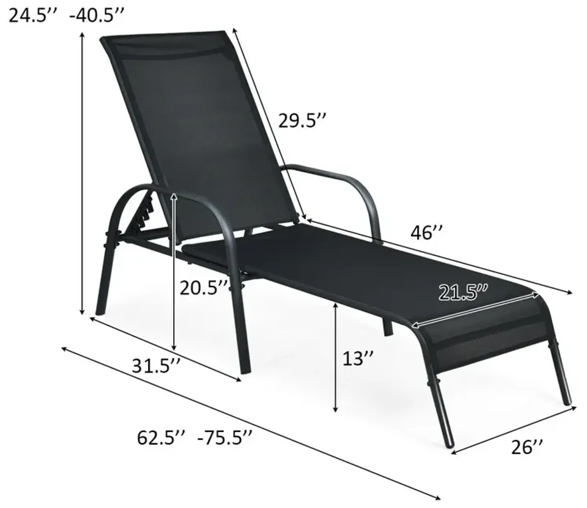 2 Pcs Outdoor Patio Lounge Chair Chaise Fabric with Adjustable Reclining Armrest