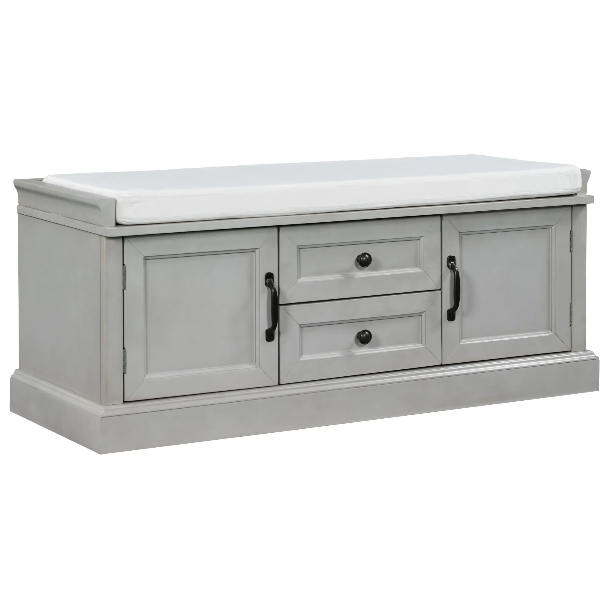 Storage Bench with 2 Drawers and 2 Cabinets, Shoe Bench with Removable Cushion for Living Room, Entryway (Gray Wash)