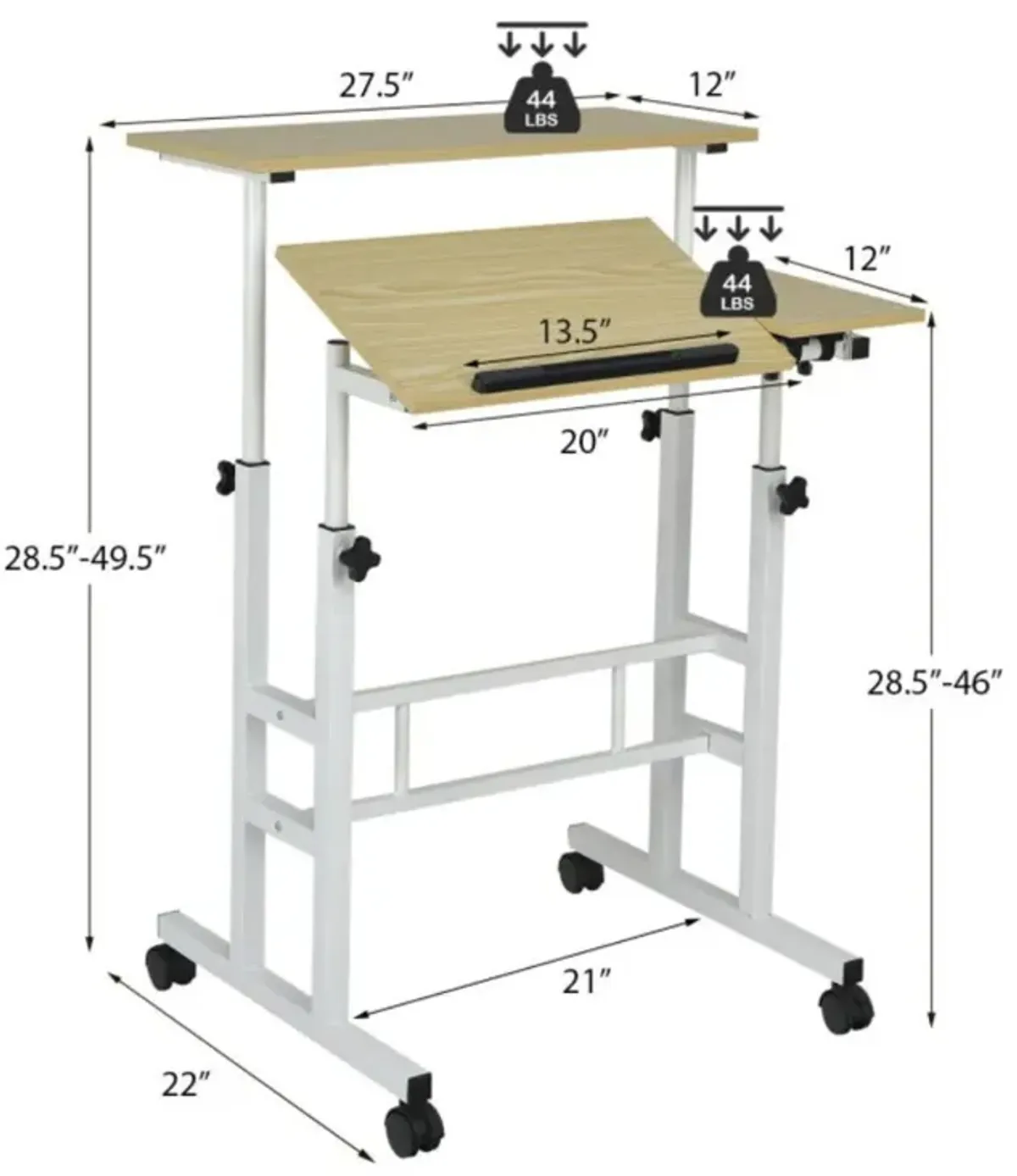 Hivvago Mobile Stand-up Computer Desk Adjustable with 2 Tilting Desktops