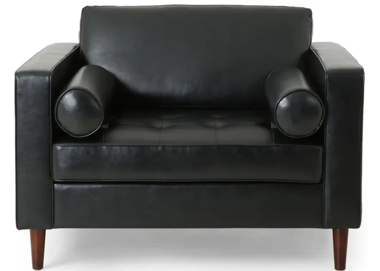 Accent Club Chair, 45 Inch Padded Seat, Birch Wood Legs, Black Faux Leather