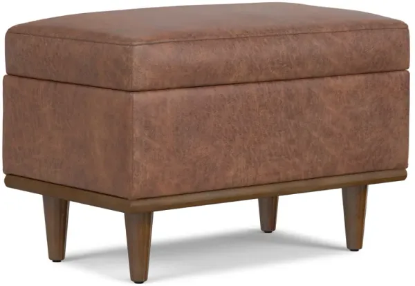Shiloh 26 inch Wide Transitional Contemporary Small Storage Ottoman in Distressed Saddle Brown Vegan Faux Leather, Assembled