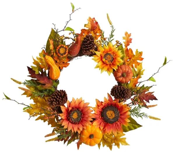 Nearly Natural 24-in Fall Sunflower, Pumpkin, Gourds, Pinecone and Berries Autumn Artificial Wreath
