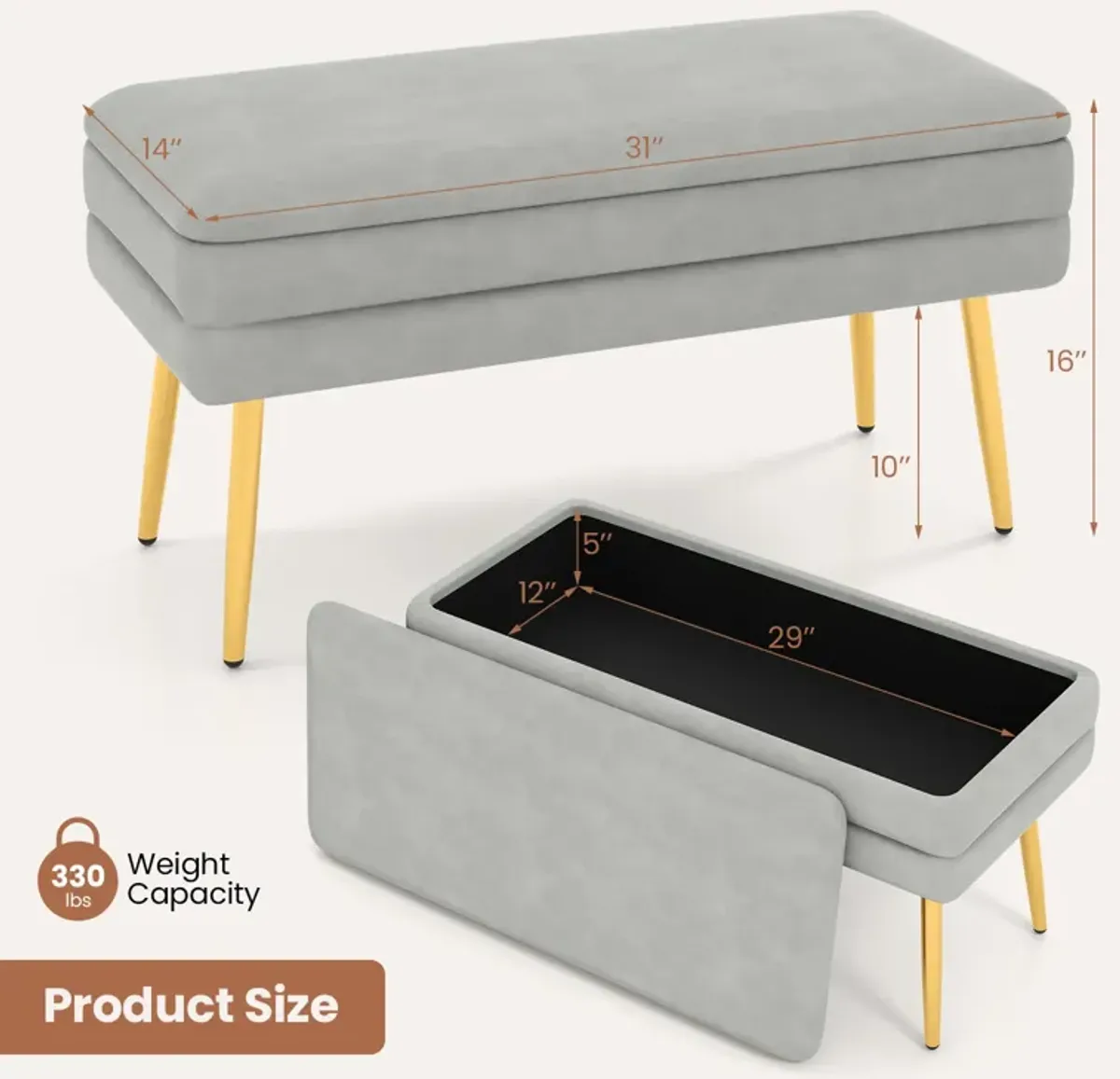 Velvet Upholstered Storage Bench with Removable Top-Grey