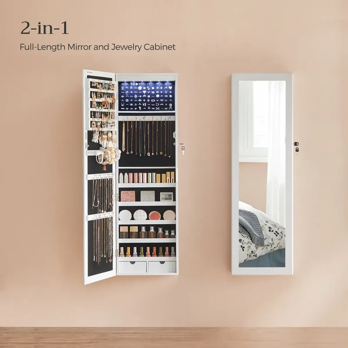 Wall/Door Mounted Jewelry Armoire 6-LED Mirror Cabinet with Lock, 2 Drawers, and Organizer