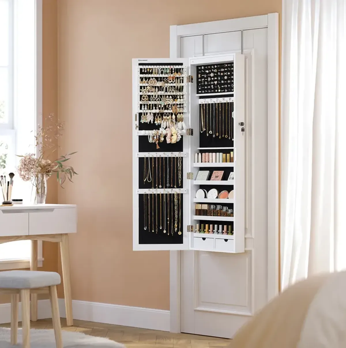 Wall/Door Mounted Jewelry Armoire 6-LED Mirror Cabinet with Lock, 2 Drawers, and Organizer