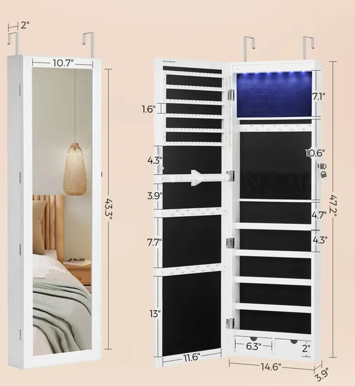 Wall/Door Mounted Jewelry Armoire 6-LED Mirror Cabinet with Lock, 2 Drawers, and Organizer