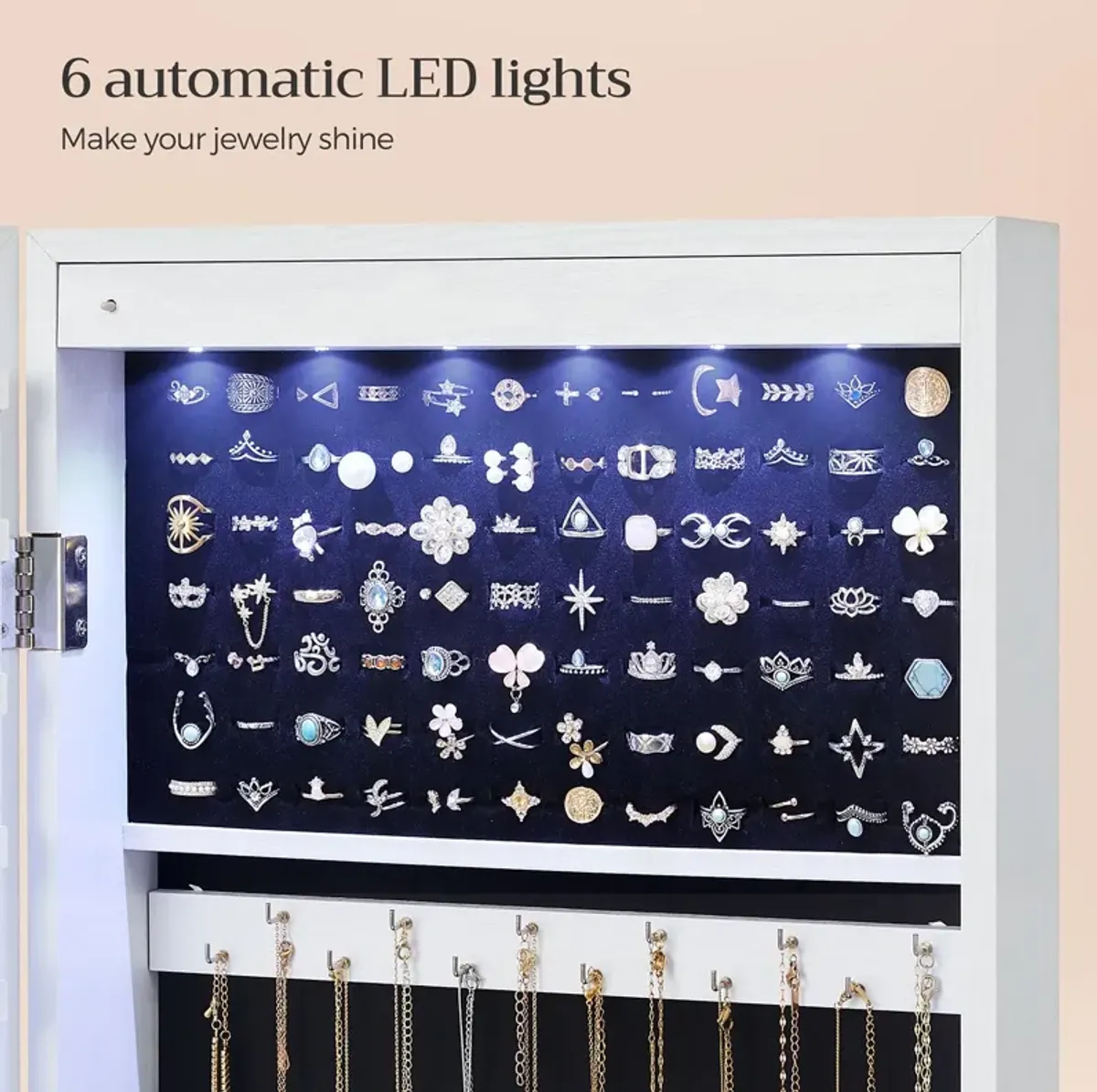 Wall/Door Mounted Jewelry Armoire 6-LED Mirror Cabinet with Lock, 2 Drawers, and Organizer