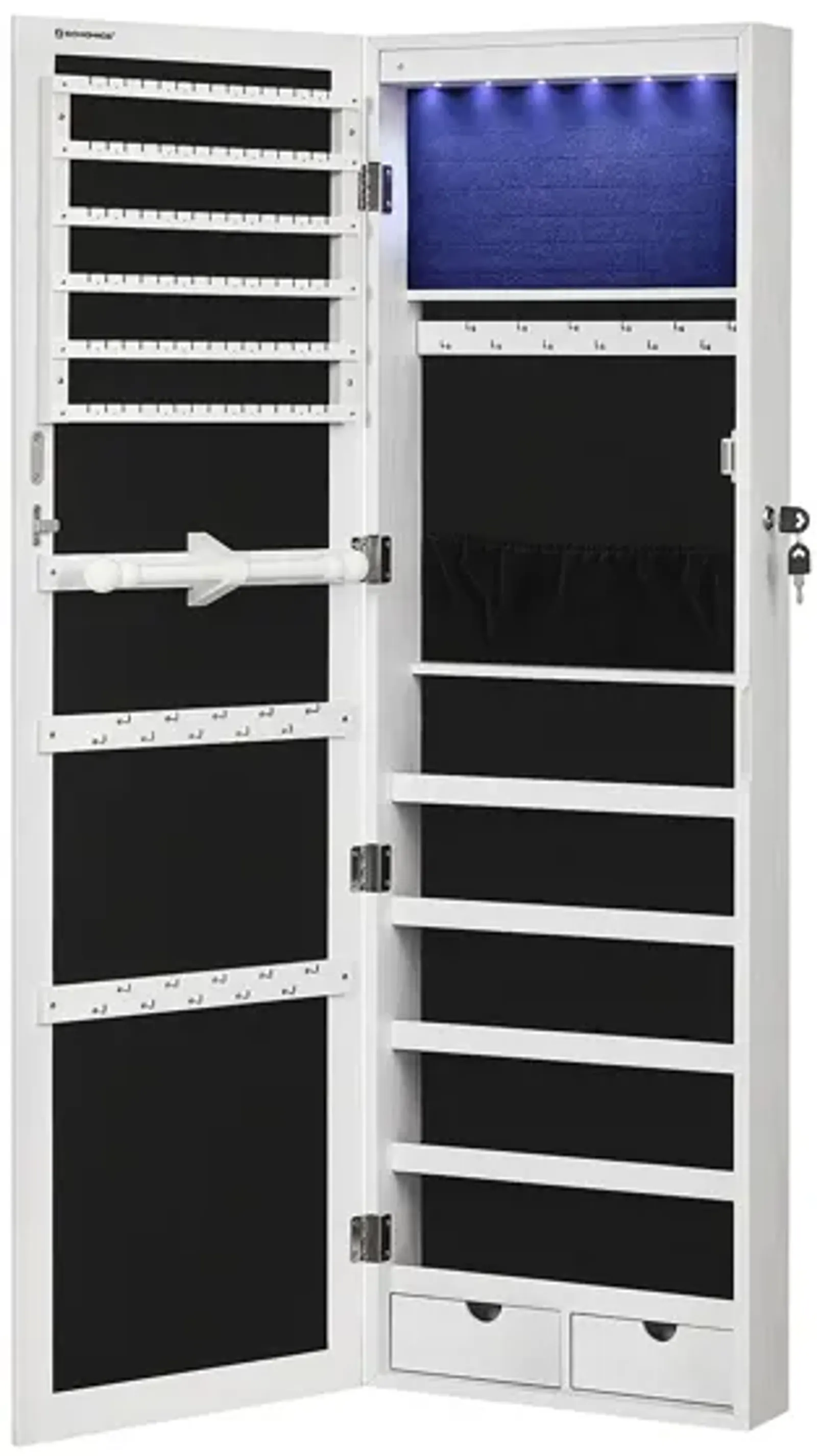 Wall/Door Mounted Jewelry Armoire 6-LED Mirror Cabinet with Lock, 2 Drawers, and Organizer