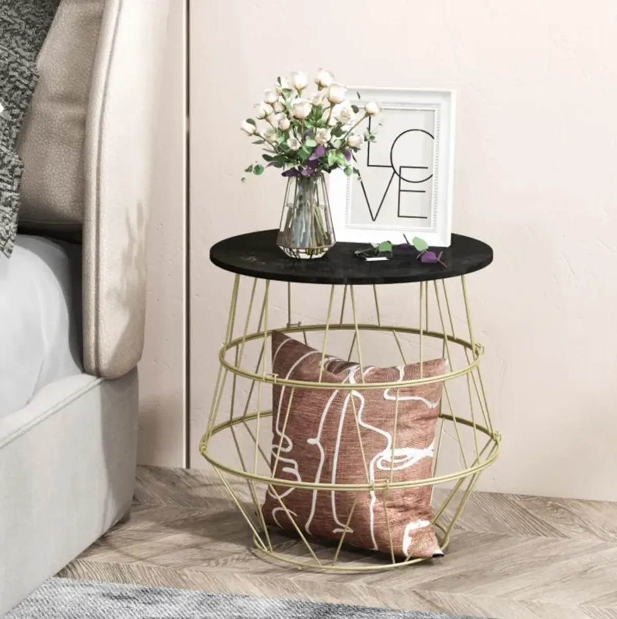 Hivvago Round Metal Frame End Table with Removable Top