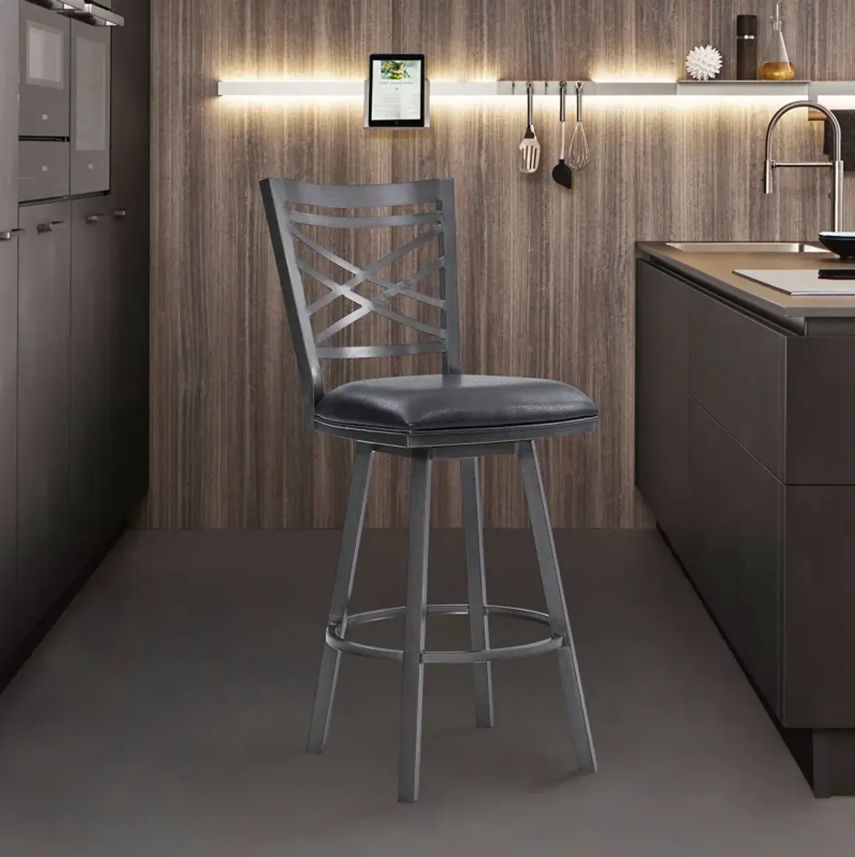 Fargo Counter Height Metal Barstool in Mineral Finish with Black Faux Leather