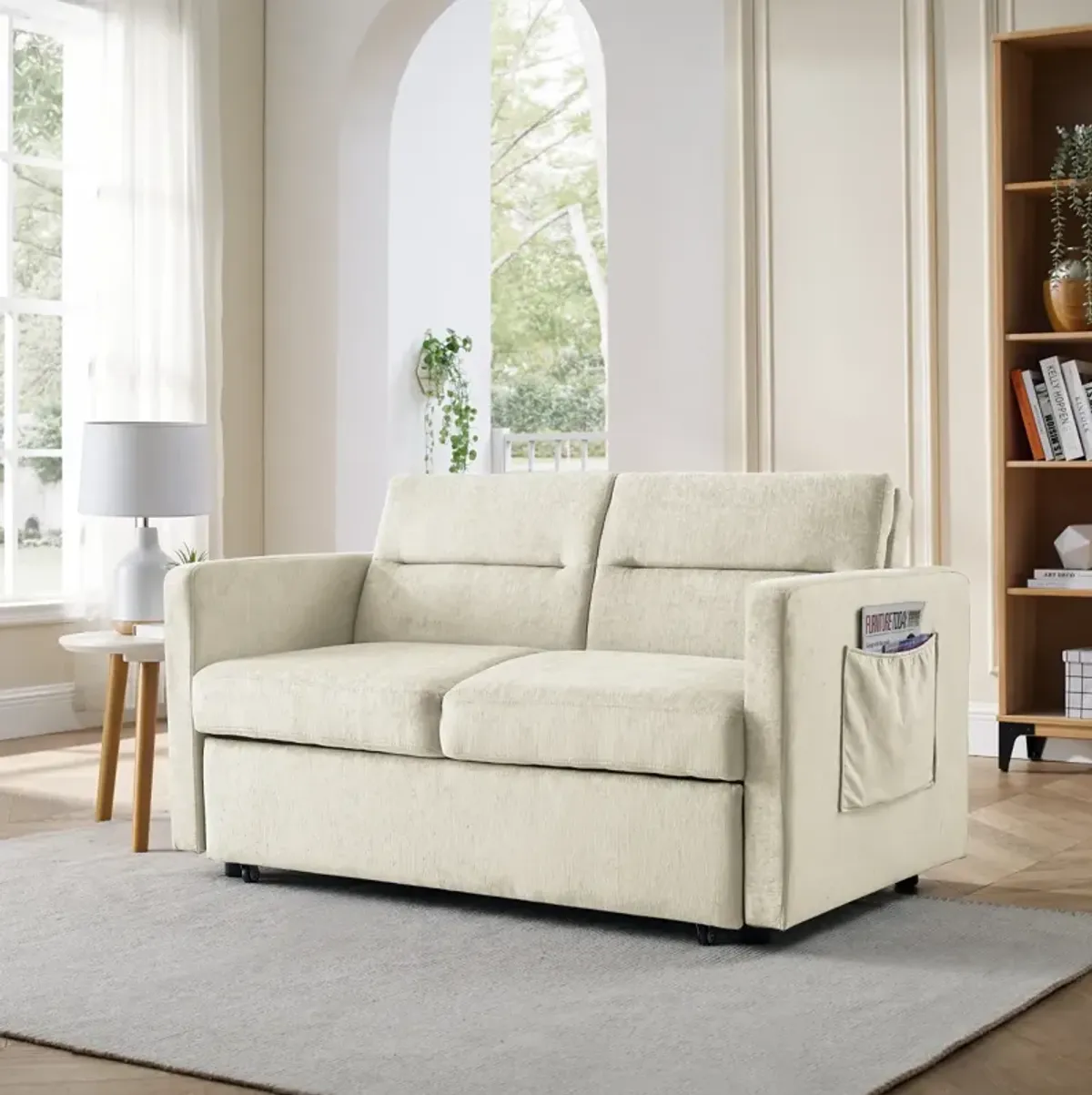 Loveseats Sofa Bed With Pull-Out Bed, Adjustable Back And Two Arm Pocket, Beige (54.5"X33" X 31.5")