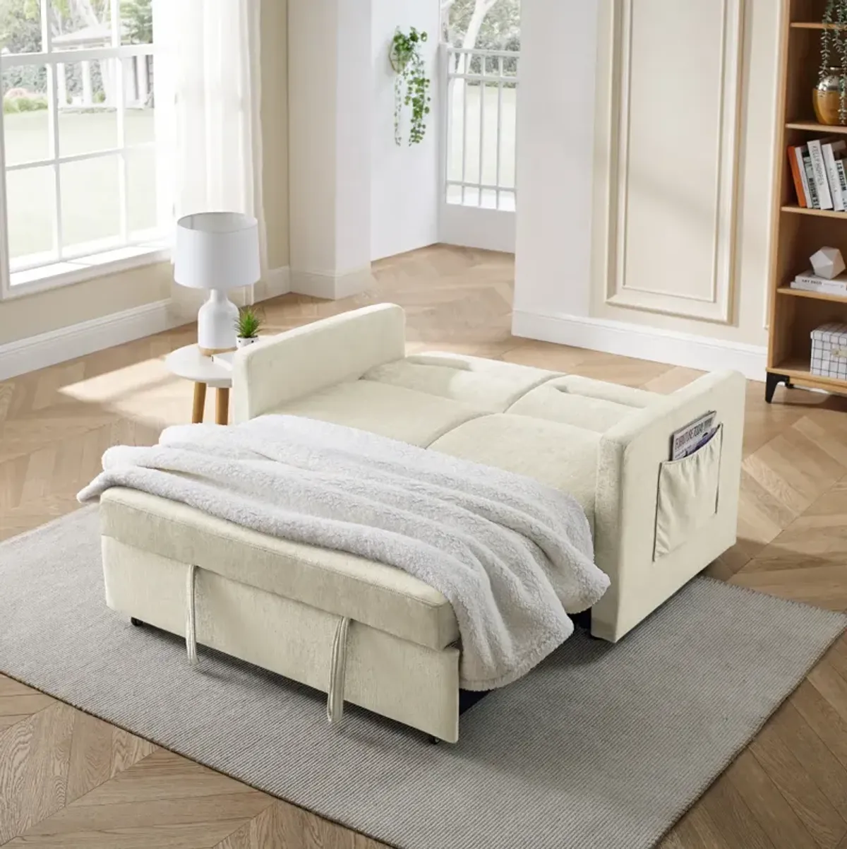 Loveseats Sofa Bed With Pull-Out Bed, Adjustable Back And Two Arm Pocket, Beige (54.5"X33" X 31.5")