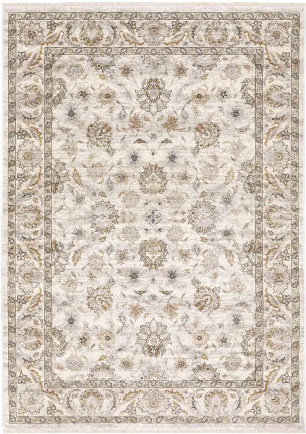 5 X 8 Ivory And grey Oriental Power Loom Stain Resistant Area Rug With Fringe