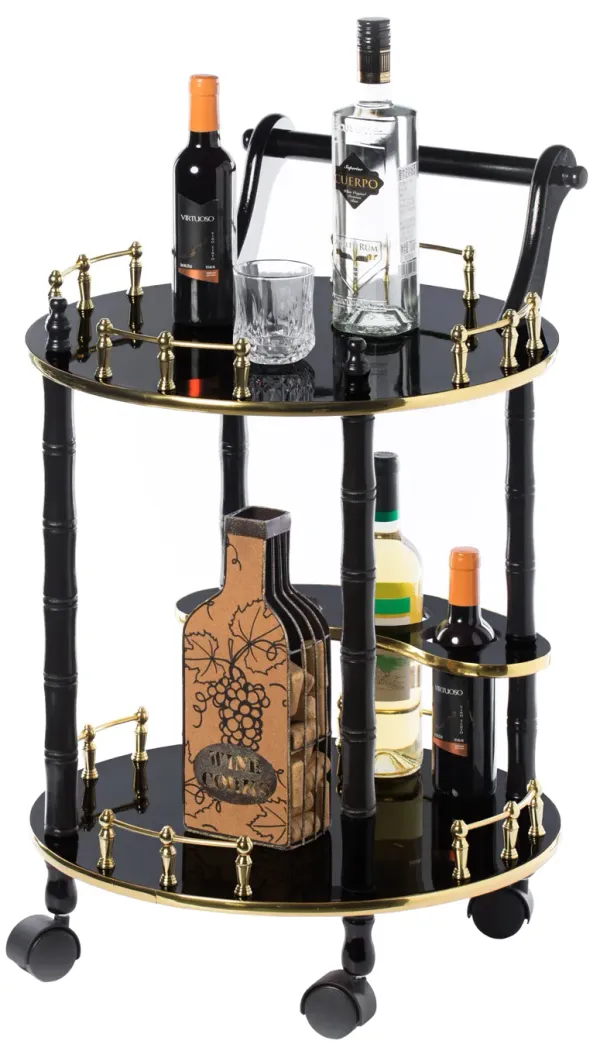 Round Wood Serving Bar Cart Tea Trolley with 2 Tier Shelves and Rolling Wheels, Silver, White and Gray