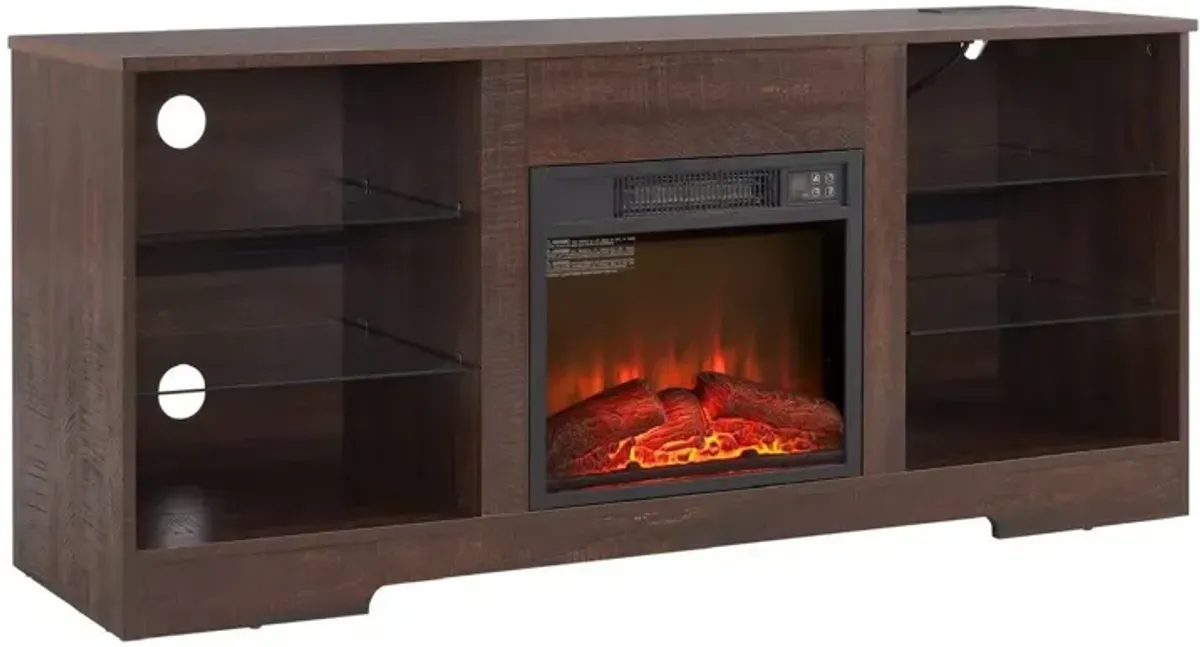 Mondawe Modern Fireplace Glass Frame TV Station, TV Entertainment Console With USB Charging Socket