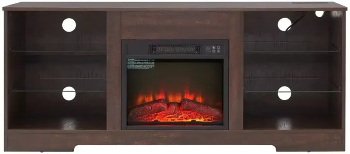 Mondawe Modern Fireplace Glass Frame TV Station, TV Entertainment Console With USB Charging Socket
