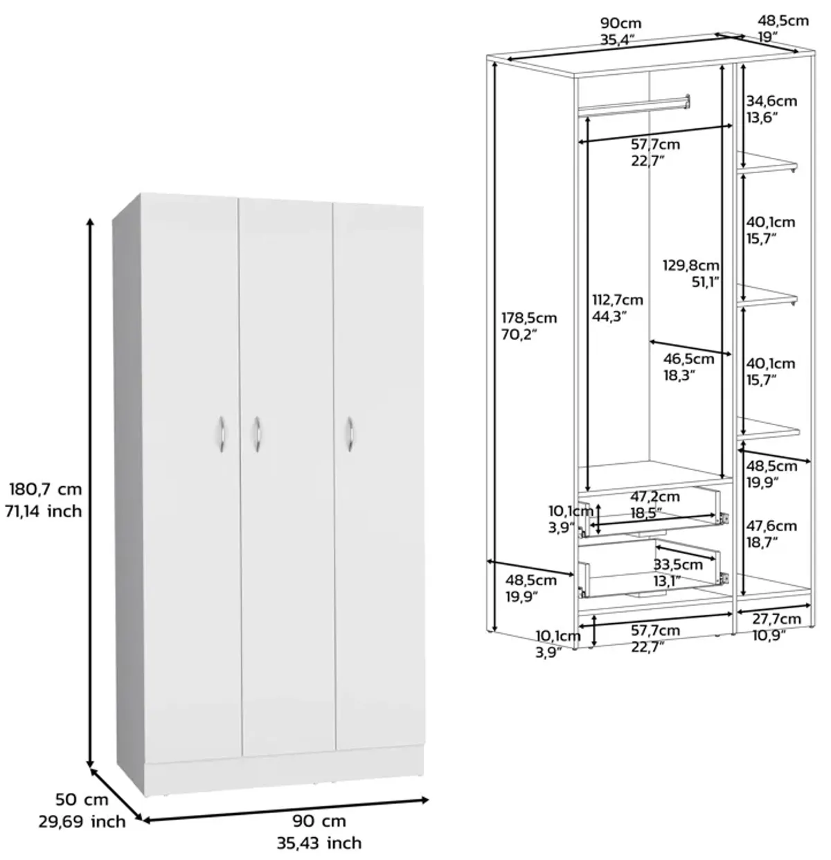 Westbury Wardrobe Armoire with 3-Doors and 2-Inner Drawers, Black -Bedroom