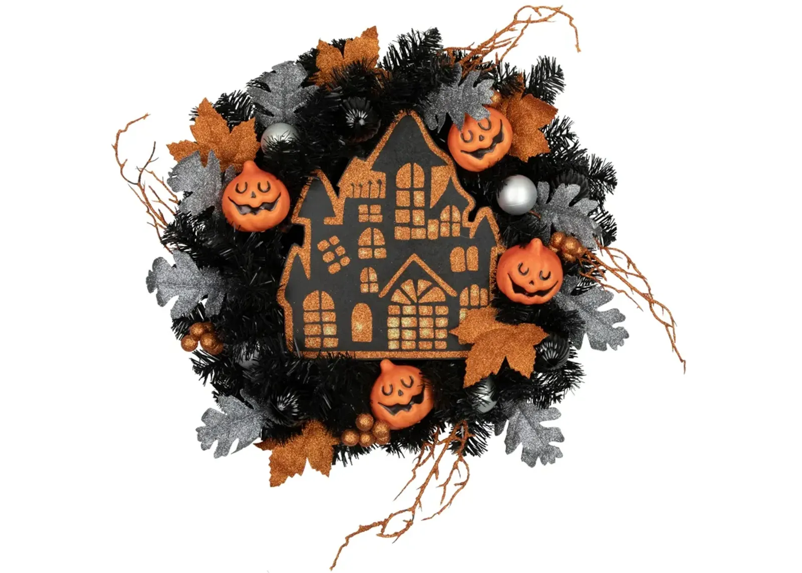 Orange and Black Haunted House Halloween Wreath  24-Inch  Unlit