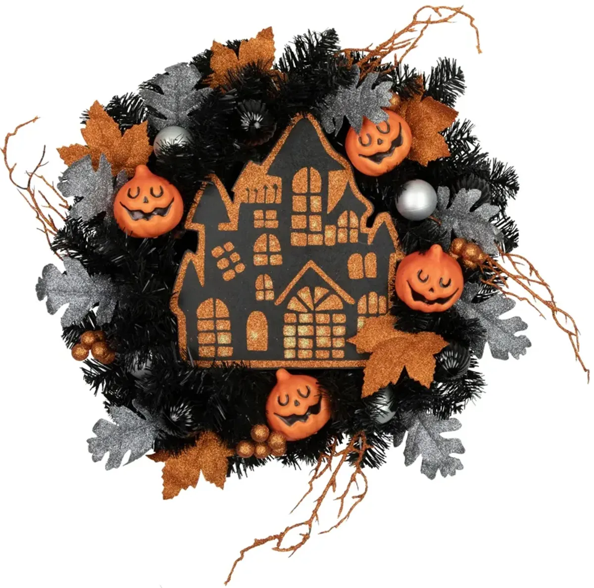 Orange and Black Haunted House Halloween Wreath  24-Inch  Unlit