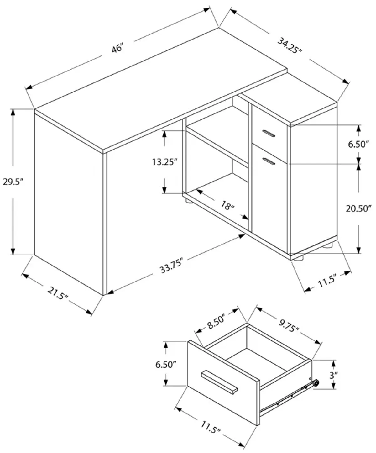 Monarch Specialties I 7348 Computer Desk, Home Office, Corner, Storage Drawers, 46"L, L Shape, Work, Laptop, Laminate, Walnut, Contemporary, Modern