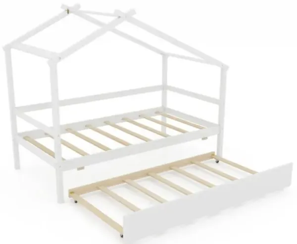 Hivvago Kids Twin Size House Bed with Trundle and Roof
