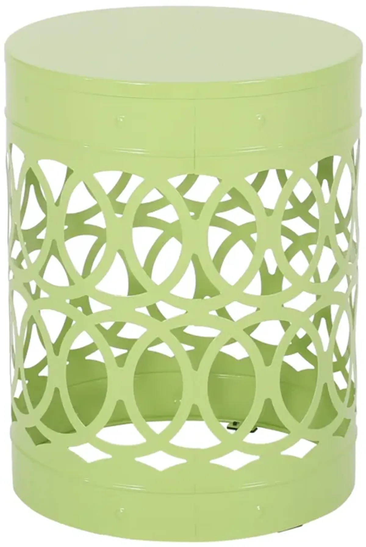 Kemo Outdoor End Table, Round 14 Inch, Cutout Design, Green Iron Frame - Benzara