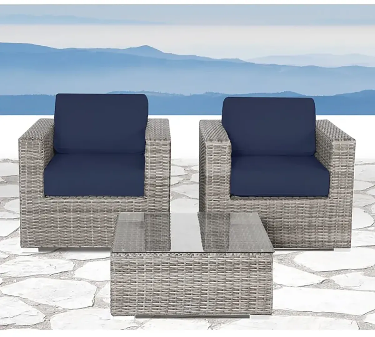 Living Source International Rattan Wicker Fully Assembled 2 - Person Seating Group with Cushions (Navy Blue)