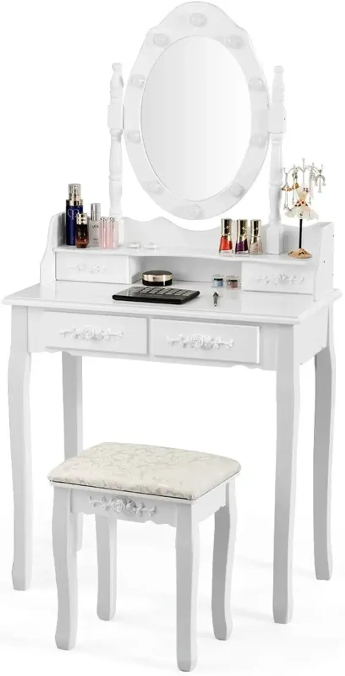 Makeup Vanity Dressing Table Set with Dimmable Bulbs Cushioned Stool