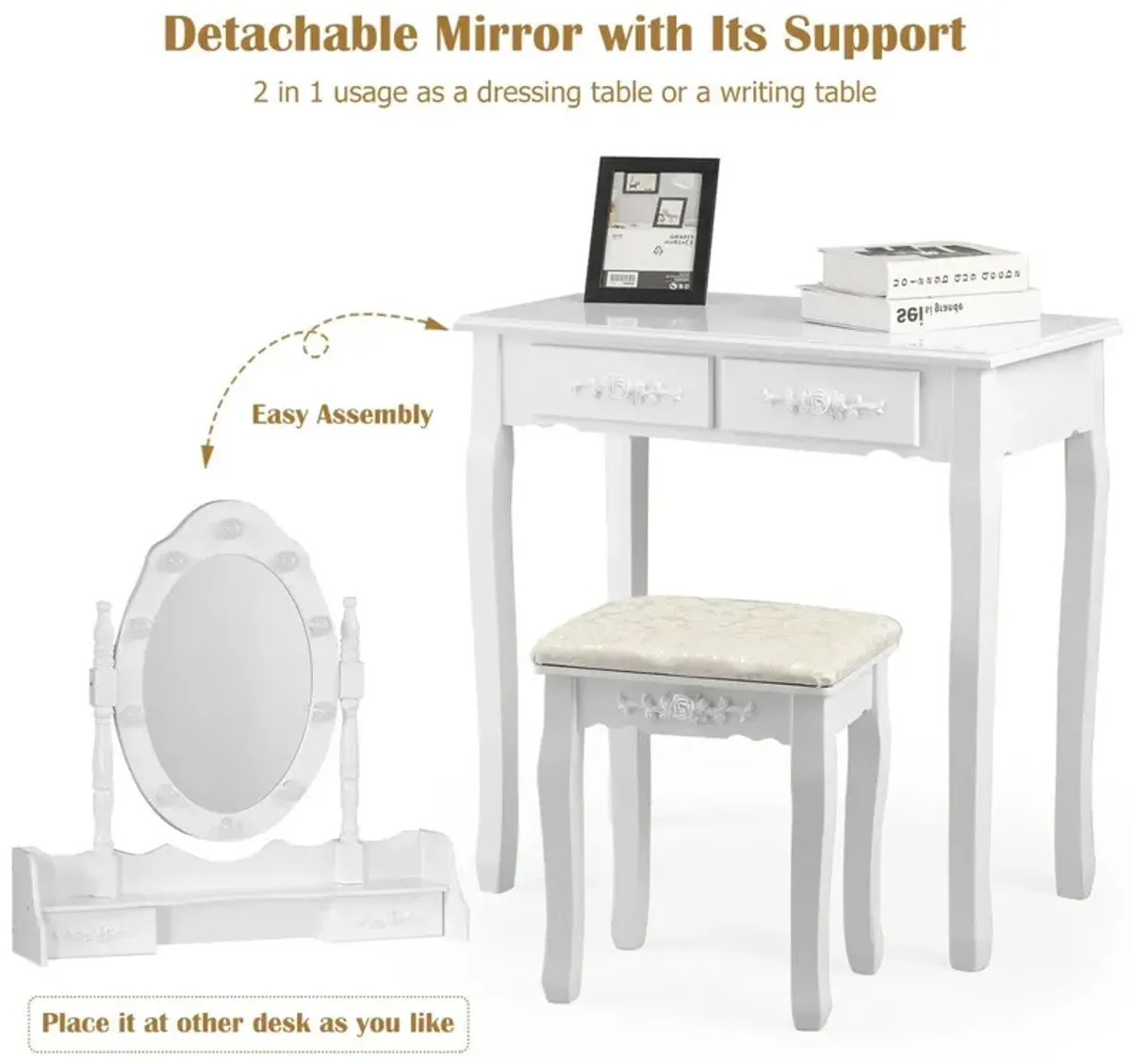 Makeup Vanity Dressing Table Set with Dimmable Bulbs Cushioned Stool