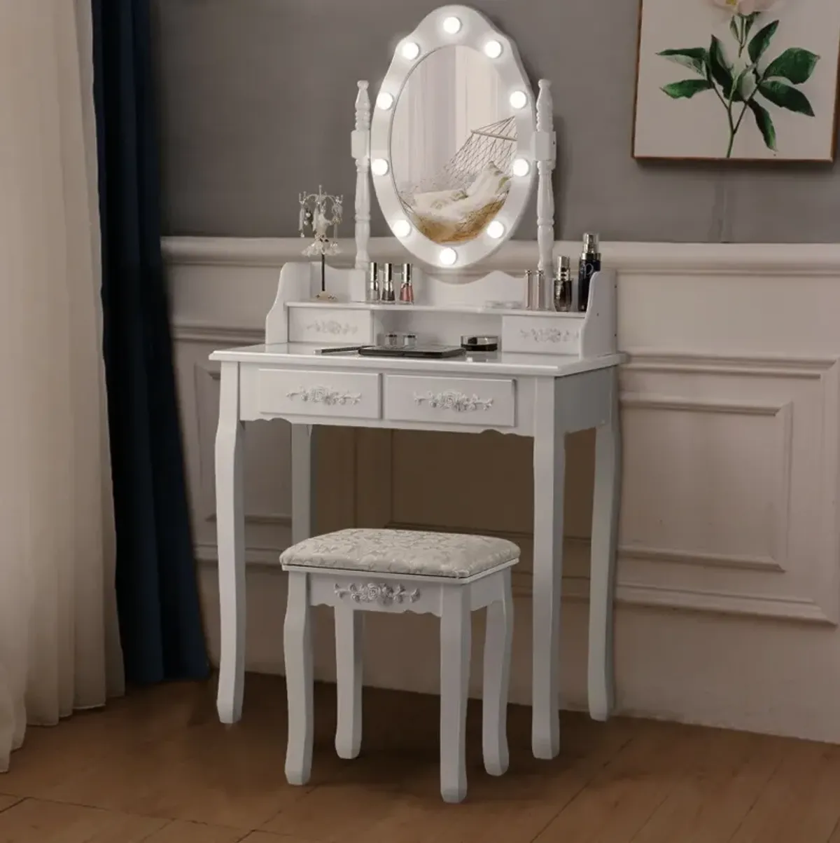 Makeup Vanity Dressing Table Set with Dimmable Bulbs Cushioned Stool