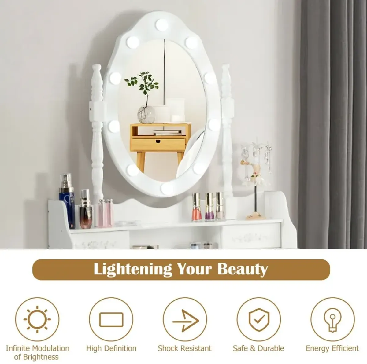 Makeup Vanity Dressing Table Set with Dimmable Bulbs Cushioned Stool