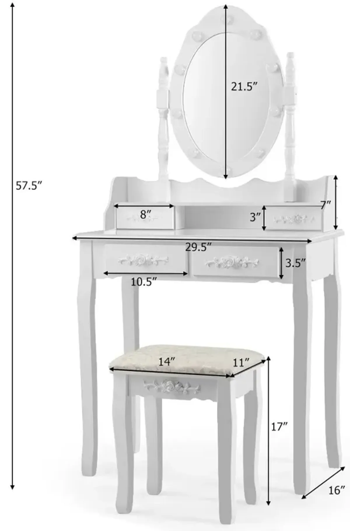 Makeup Vanity Dressing Table Set with Dimmable Bulbs Cushioned Stool