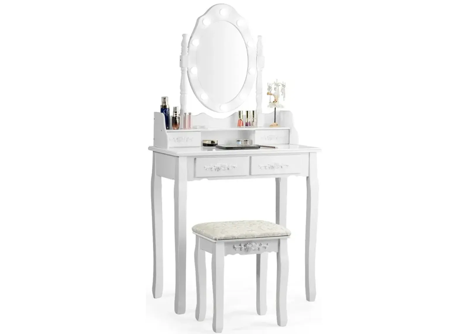 Makeup Vanity Dressing Table Set with Dimmable Bulbs Cushioned Stool