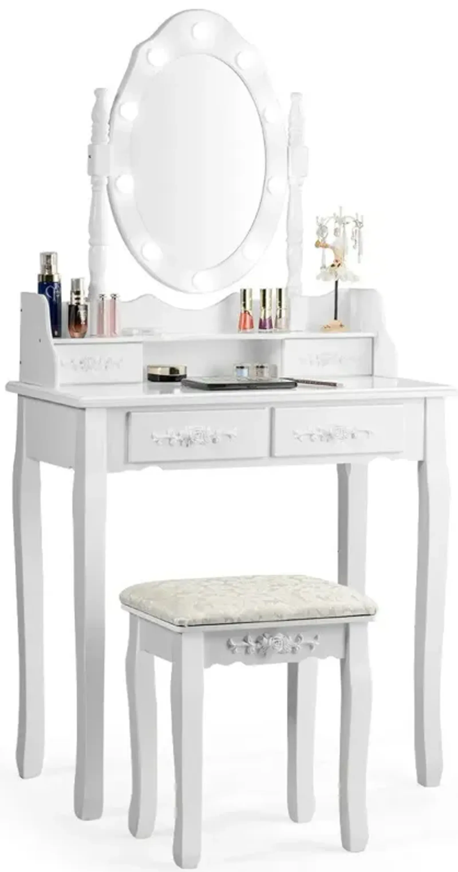 Makeup Vanity Dressing Table Set with Dimmable Bulbs Cushioned Stool