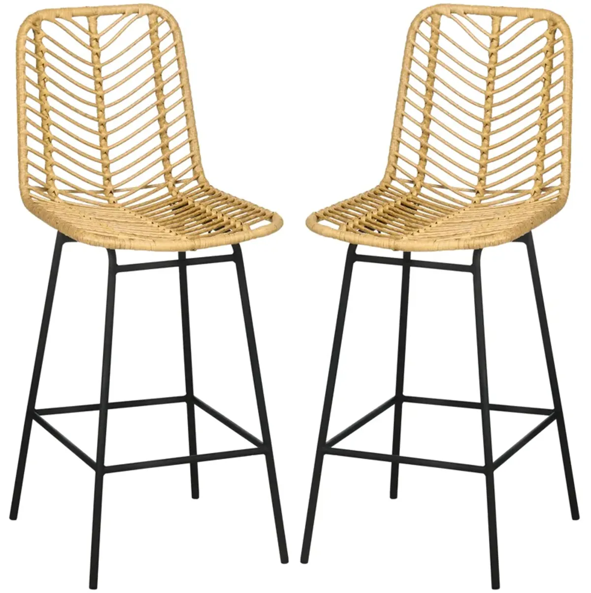 HOMCOM Modern Rattan Bar Stools, Breathable Steel-Base Wicker Counter Height Barstools for Kitchen Counter, Set of 2, Yellow