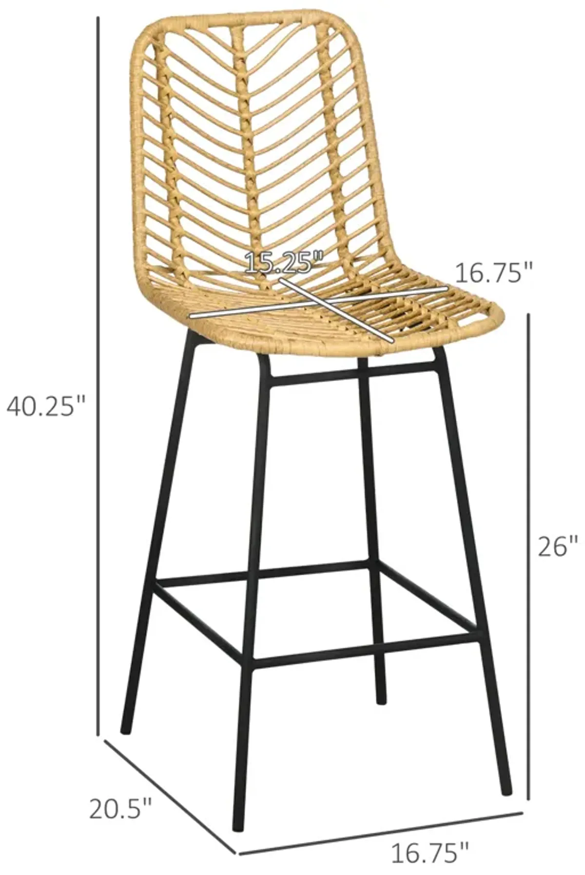 HOMCOM Modern Rattan Bar Stools, Breathable Steel-Base Wicker Counter Height Barstools for Kitchen Counter, Set of 2, Yellow