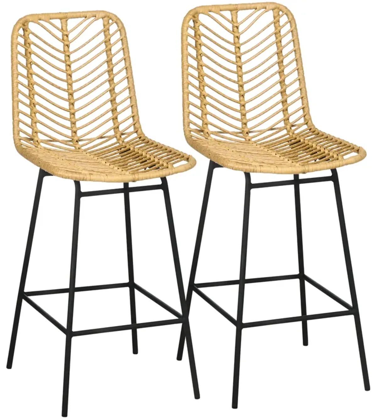 HOMCOM Modern Rattan Bar Stools, Breathable Steel-Base Wicker Counter Height Barstools for Kitchen Counter, Set of 2, Yellow