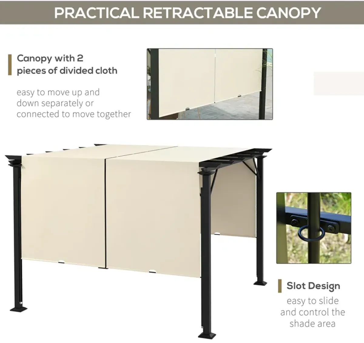 Outsunny 10' x 10' Retractable Pergola Canopy, Outdoor Gazebo with Sun Shade Canopy and Steel Frame, for Backyard, Garden, Patio, Deck, Beige