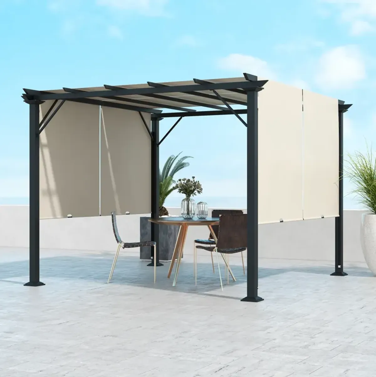 Outsunny 10' x 10' Retractable Pergola Canopy, Outdoor Gazebo with Sun Shade Canopy and Steel Frame, for Backyard, Garden, Patio, Deck, Beige