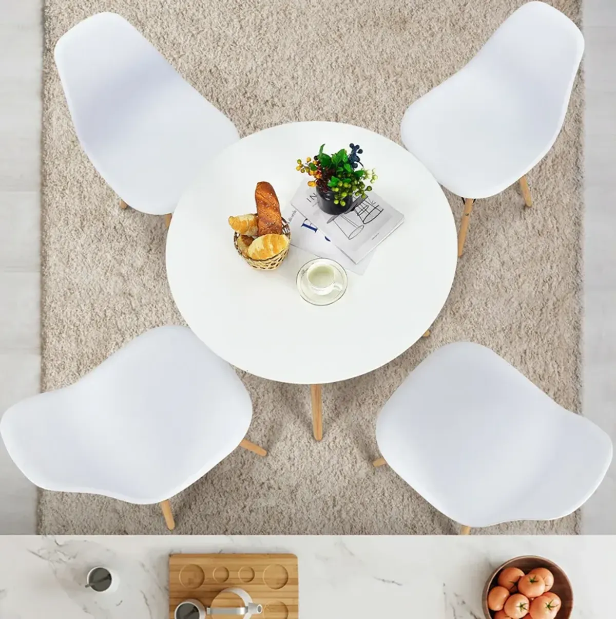 5 Pieces Table Set With Solid Wood Leg For Dining Room-White