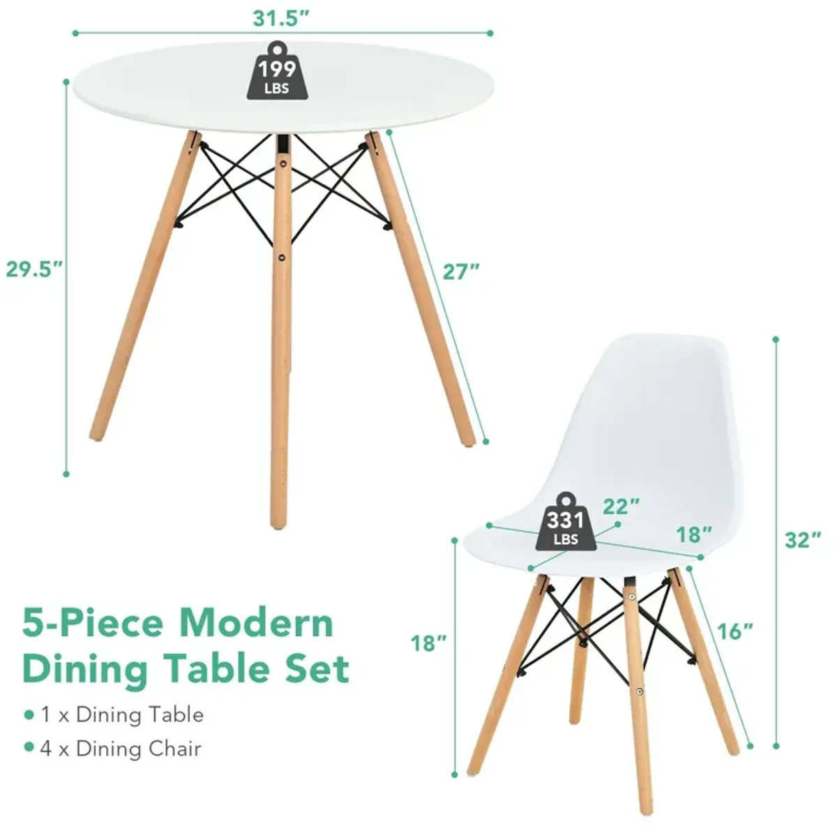 5 Pieces Table Set With Solid Wood Leg For Dining Room-White