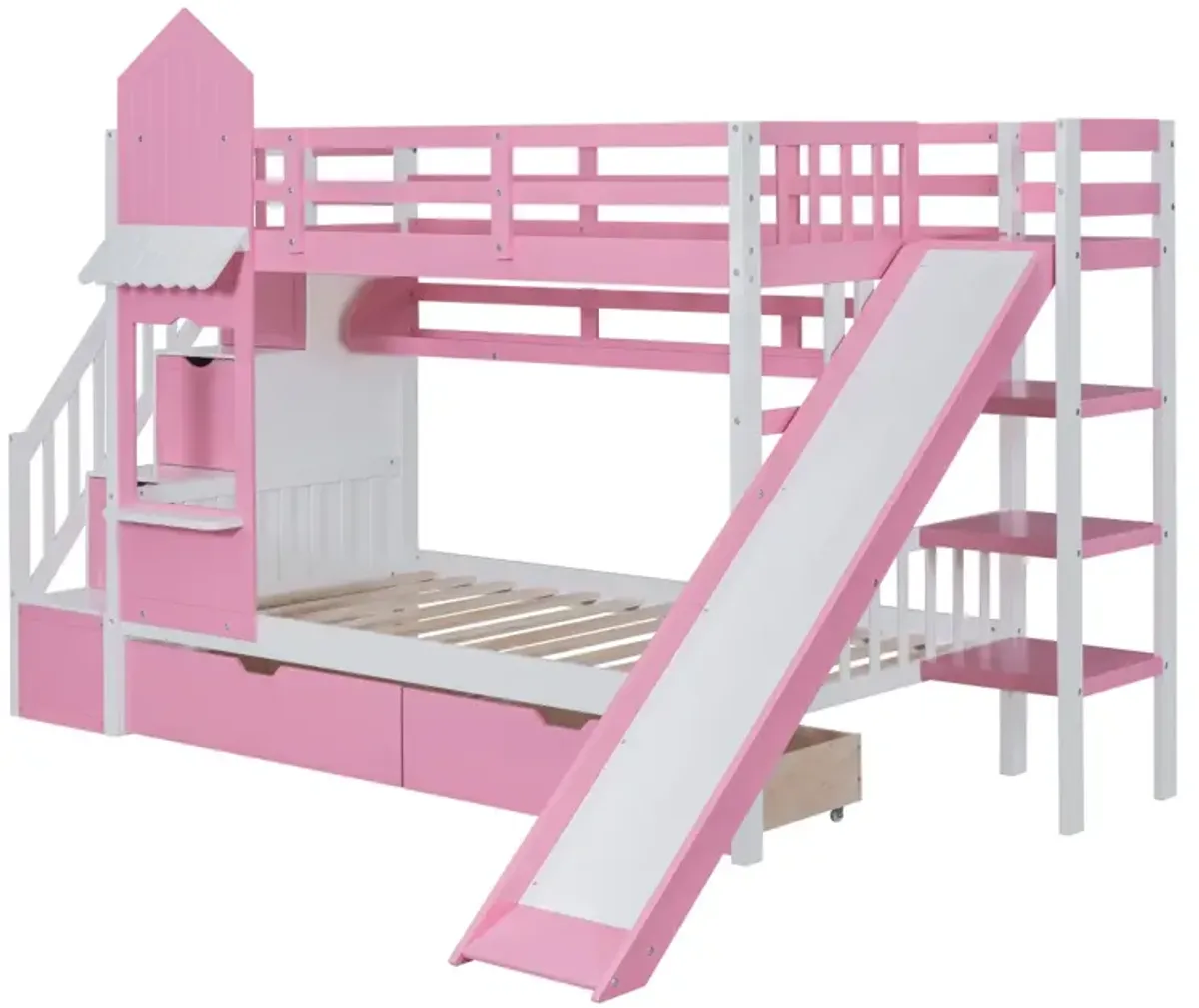 Twin Over Twin Castle Style Bunk Bed With 2 Drawers 3 Shelves And Slide Pink