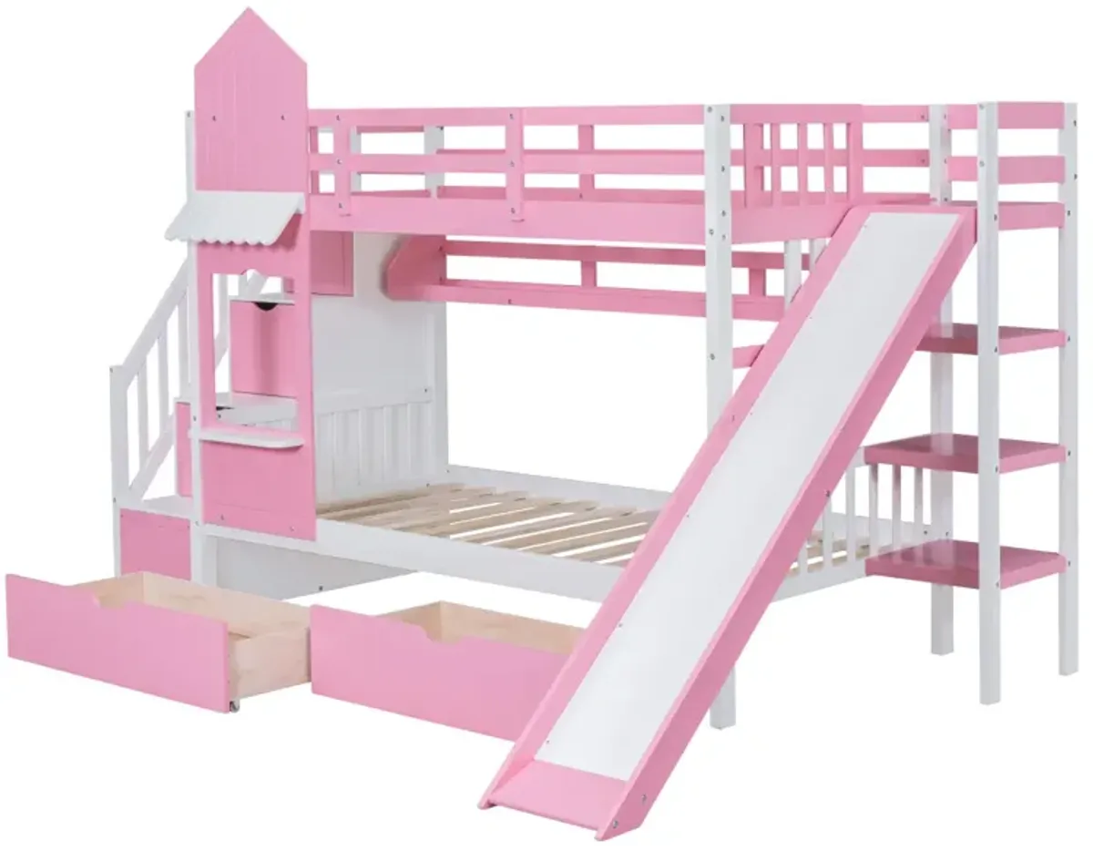 Twin Over Twin Castle Style Bunk Bed With 2 Drawers 3 Shelves And Slide Pink