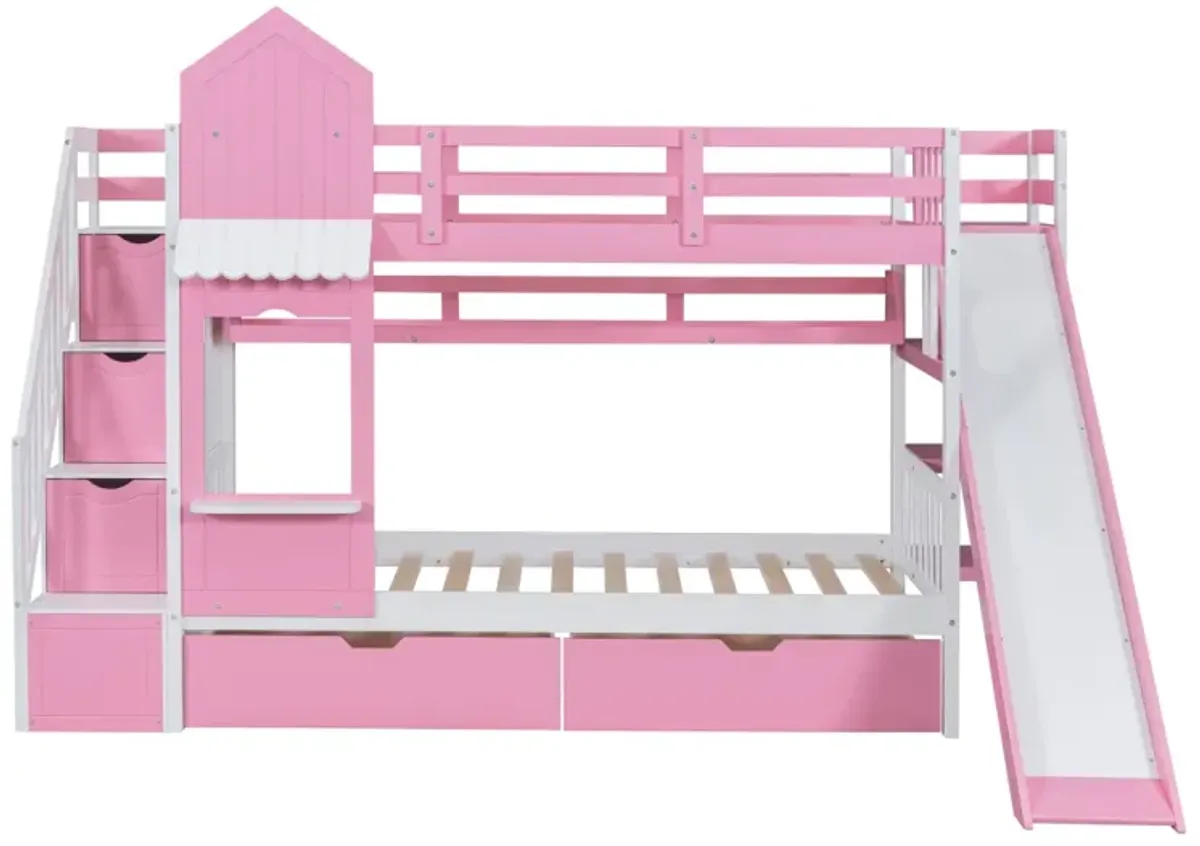 Twin Over Twin Castle Style Bunk Bed With 2 Drawers 3 Shelves And Slide Pink